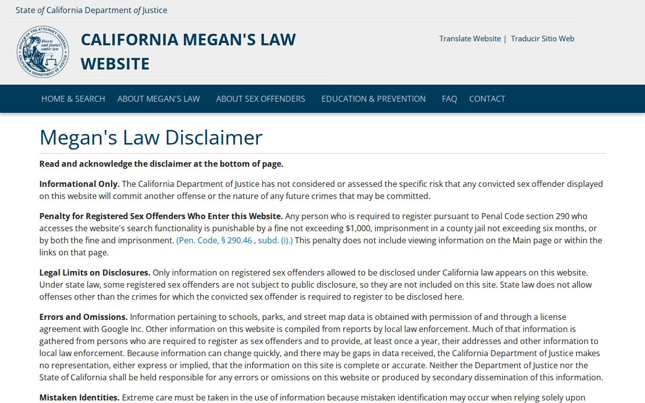 California people search and Megan's Law registry disclaimer