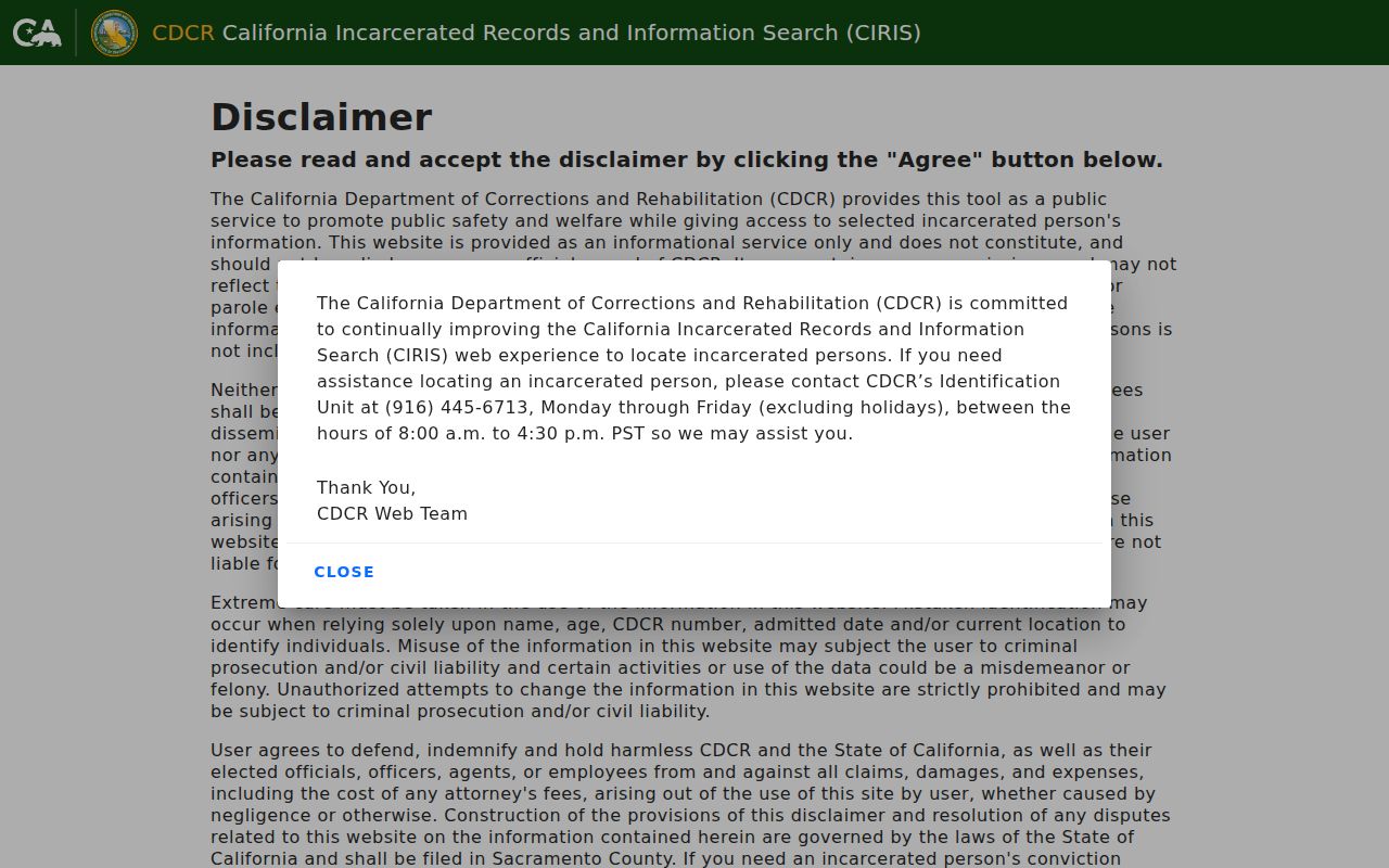 California people search in CDCR CIRIS custody records