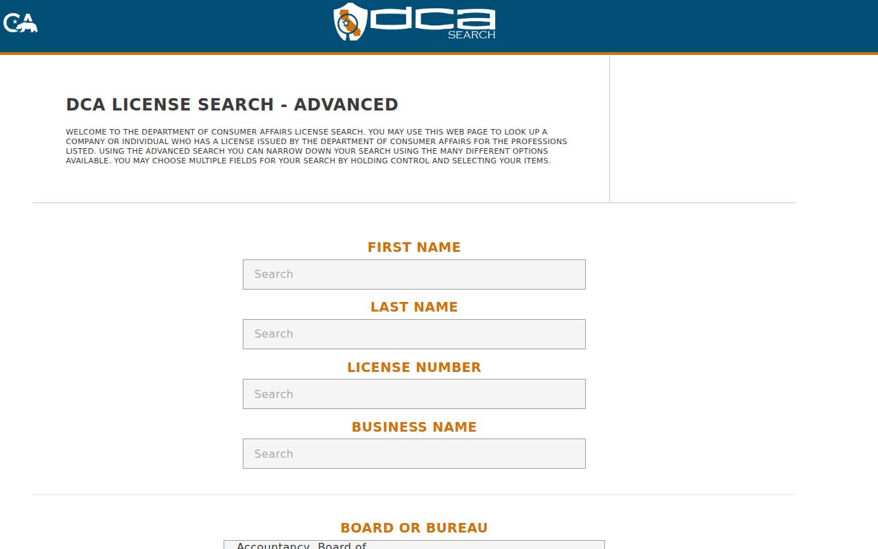 California people search through DCA professional licenses