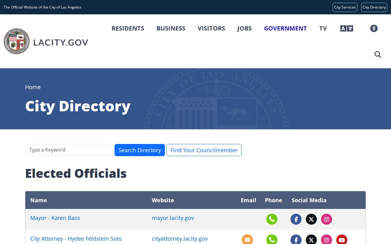 California directory lookup for City of Los Angeles offices