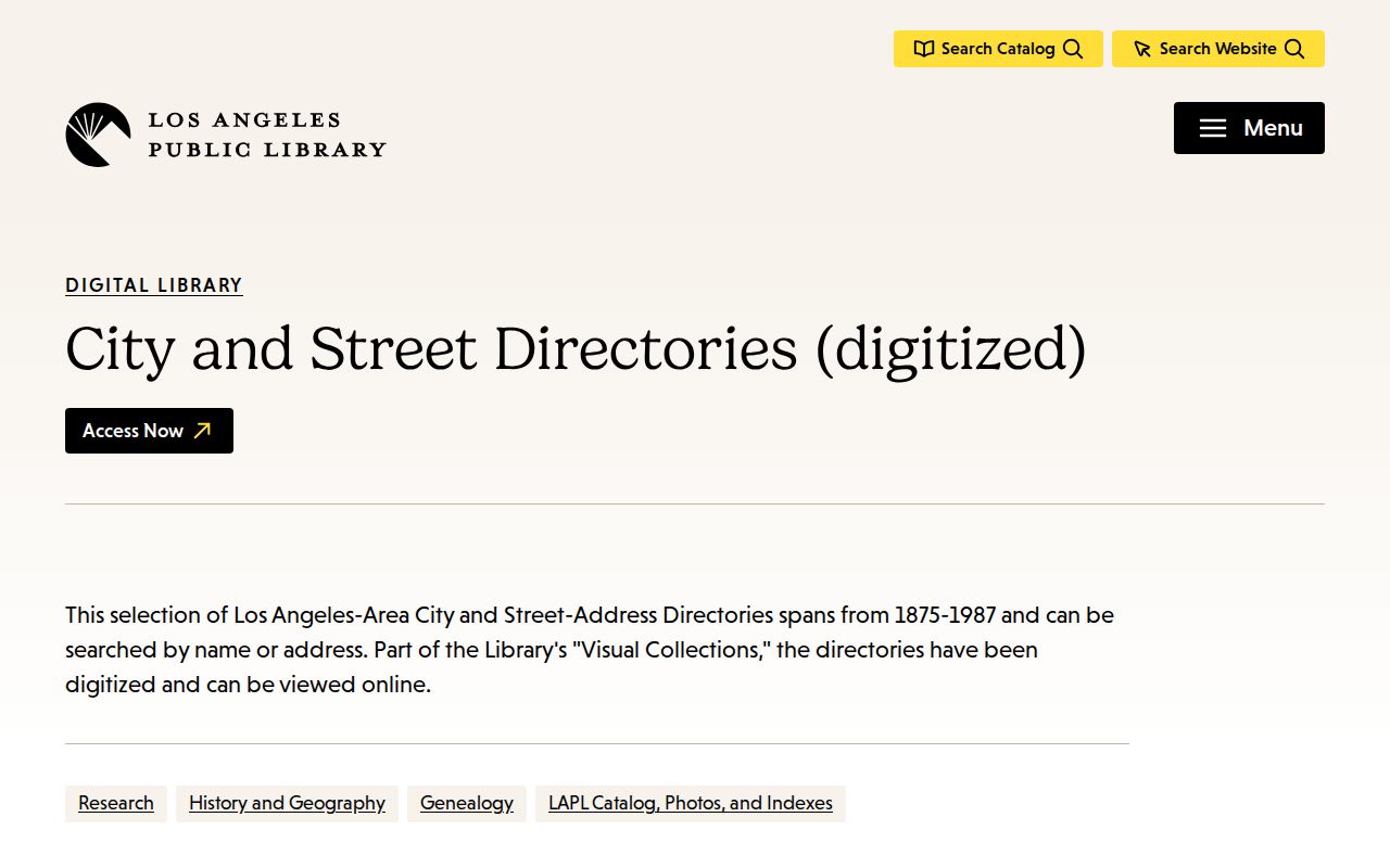 California directory search in LAPL city and street collections
