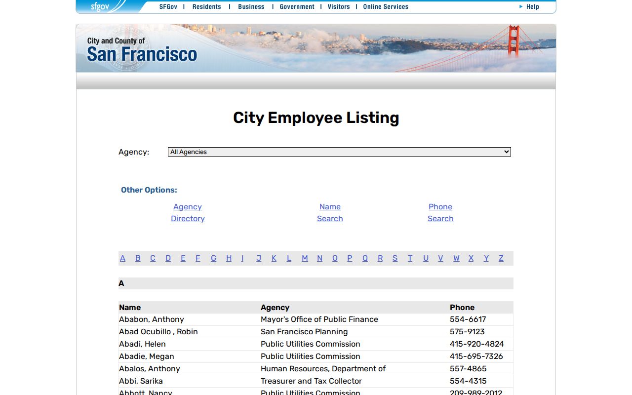 California directory search for San Francisco employees