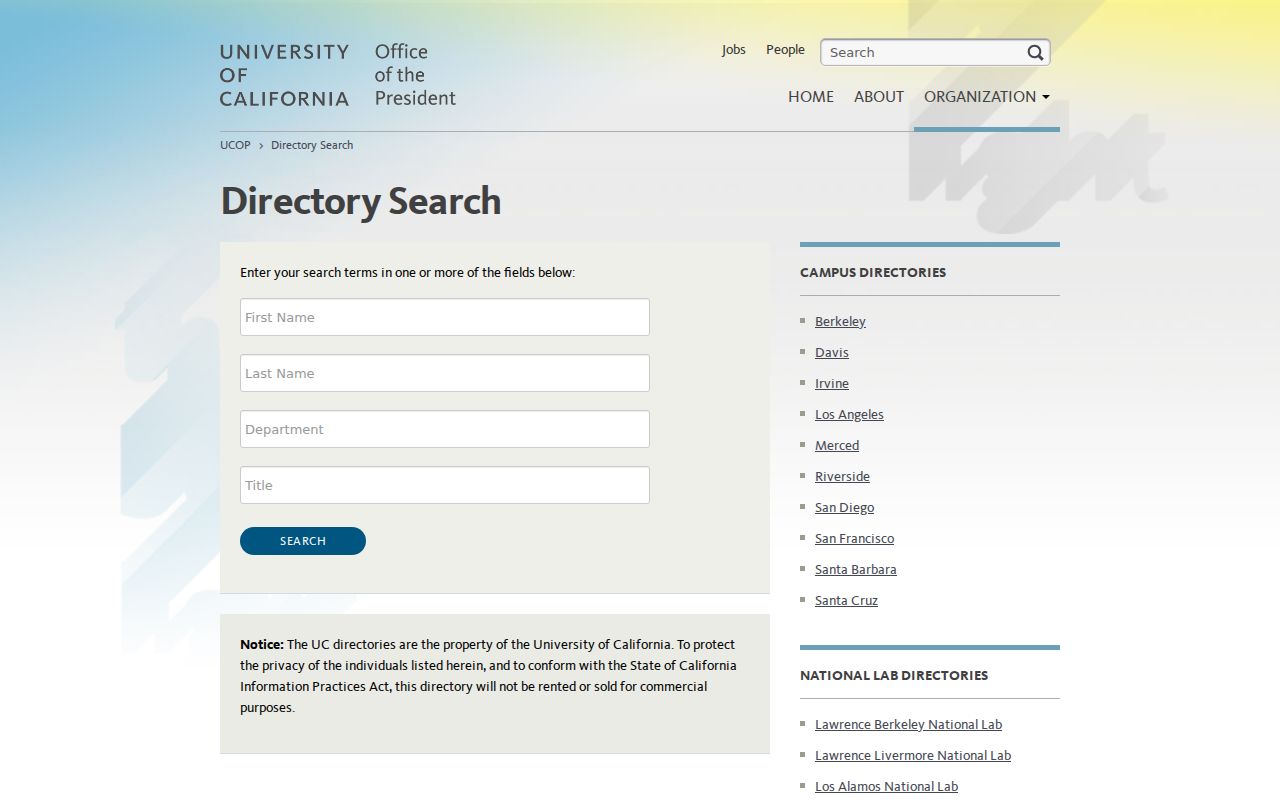 California directory lookup fields for UCOP staff