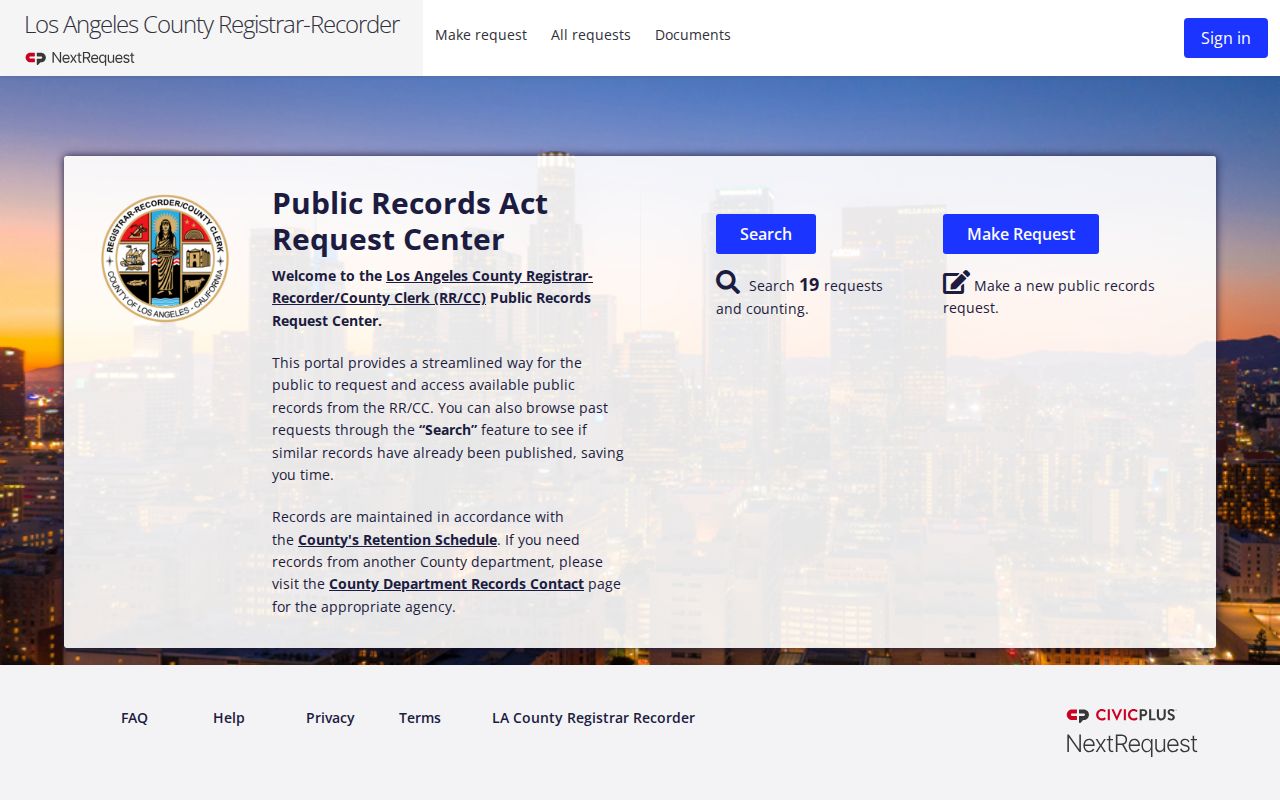 California public records request portal used by Los Angeles County RRCC