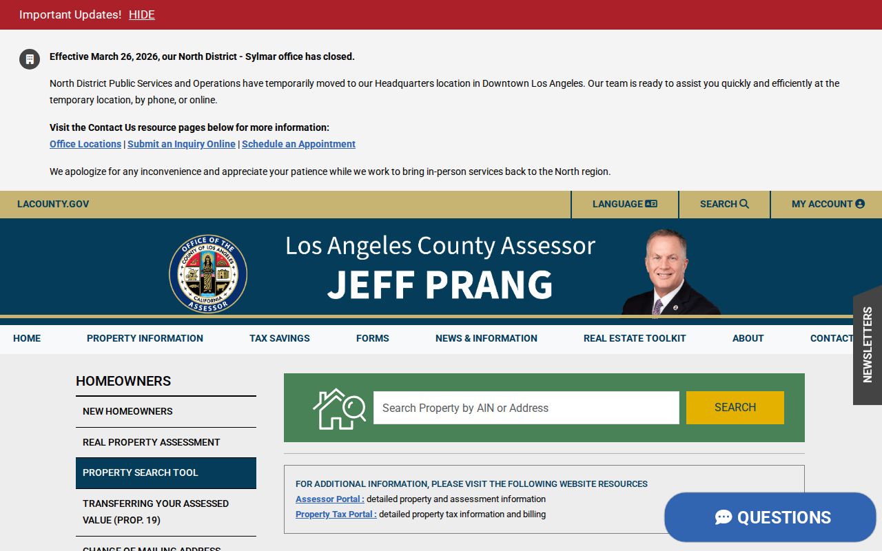 California public records entry page for Los Angeles County property search